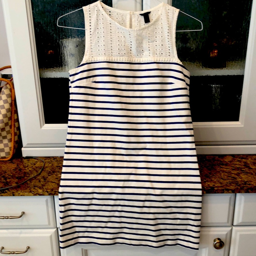 J crew lace and stripe preppy dress size xxs blue and white